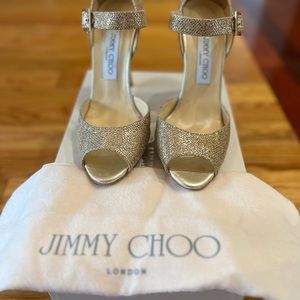 Jimmy Choo “Articolo”, 247 Lace, glitter fabric, gold, 37.5. Worn once.